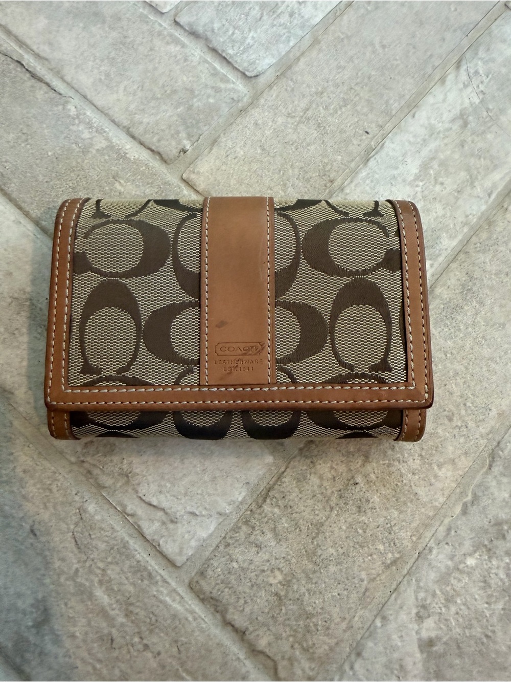 Vintage Y2K Coach Signature Jacquard Leather Bifold Wallet Brown Tan